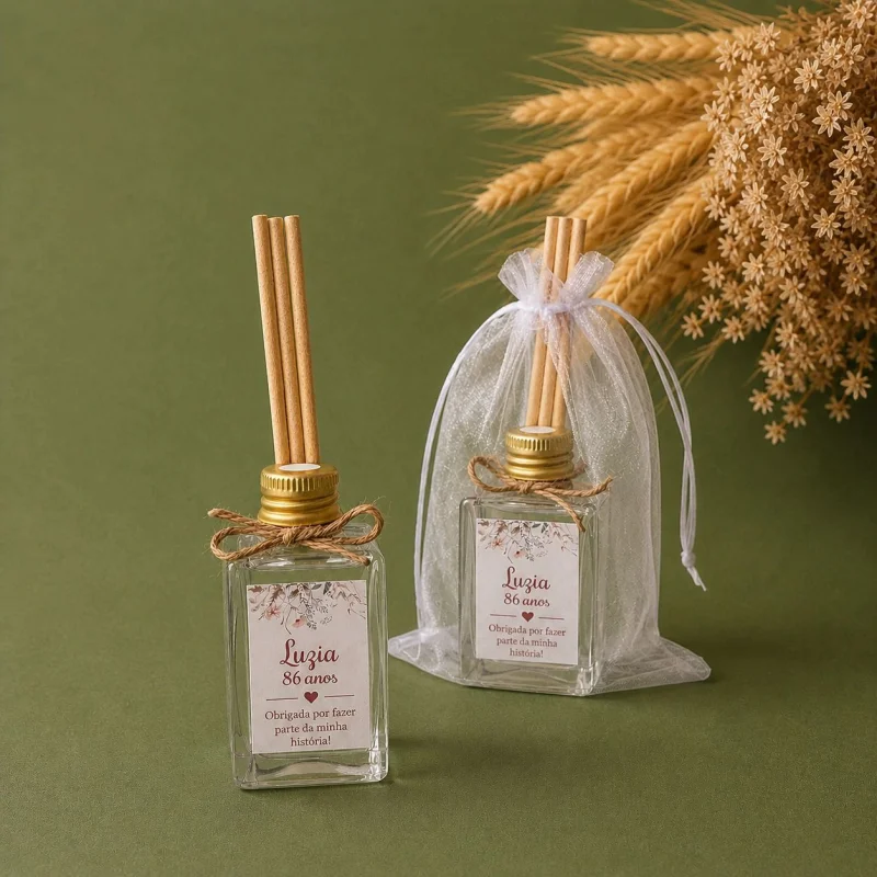 Difusor de Ambientes Personalizado com lacinho, adesivo e saquinho de organza