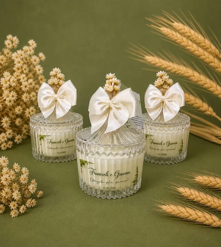 Vela Aromática Personalizada Bomboniere 70g com lacinho, flores e adesivo