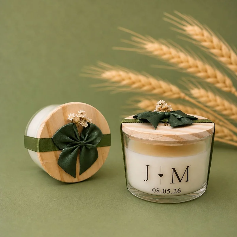 Vela Aromática 90g Personalizada com tampa de madeira laço de cetim e flores