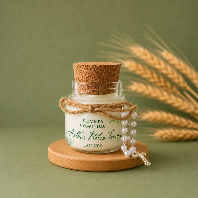 Vela Aromática Personalizada com Lacinho e Mini Terço